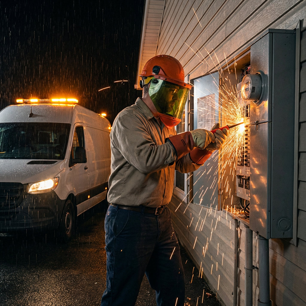 Electrician repairing outdoor electrical panel with sparks at night